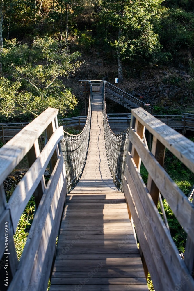 Obraz premium Arouca Geopark, wooden walkway on the bank of Paiva River, in the hydrographic basin of the Douro River