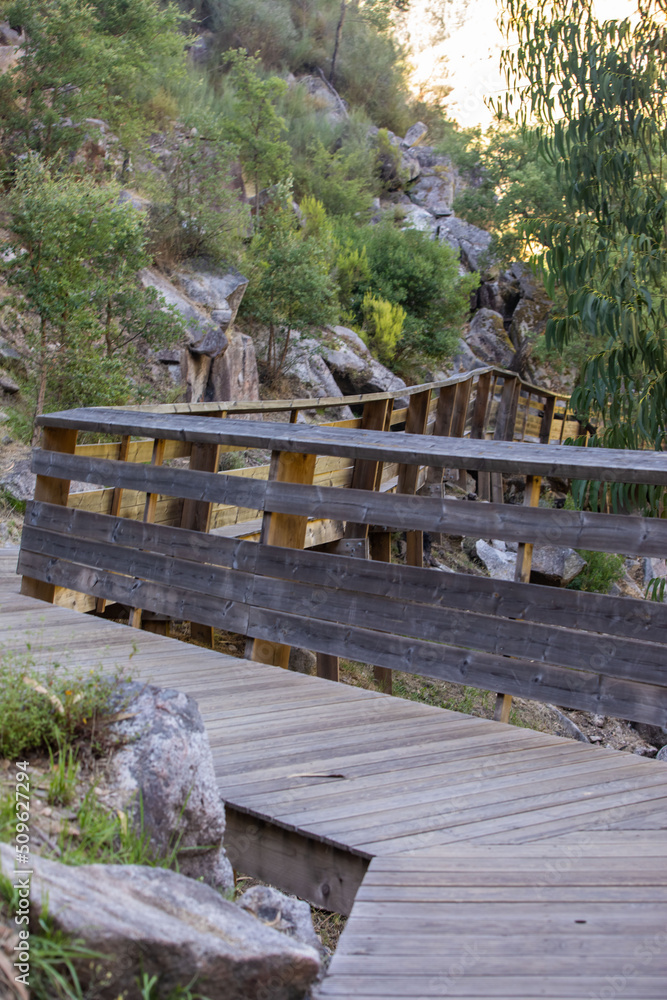 Arouca Geopark, wooden walkway on the bank of Paiva River, in the hydrographic basin of the Douro River Arouca Geopark, wooden walkway on the bank of Paiva River, in the hydrographic basin of the Douro River