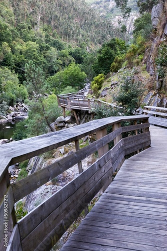 Arouca Geopark, wooden walkway on the bank of Paiva River, in the hydrographic basin of the Douro River