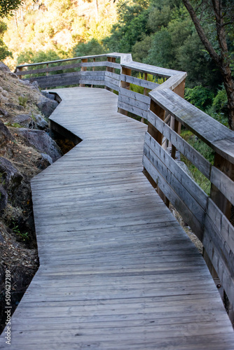 Arouca Geopark  wooden walkway on the bank of Paiva River  in the hydrographic basin of the Douro River