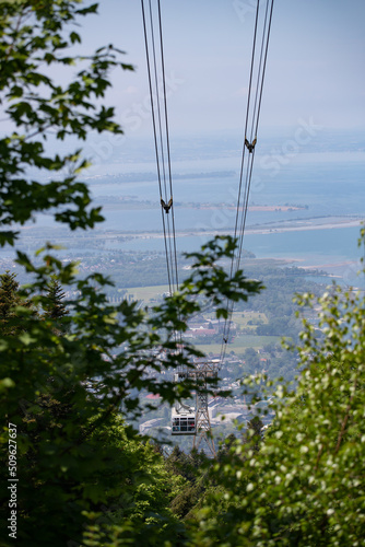 View of a pfanderbahn cable car with the Austrian city Bregenz behind it. photo