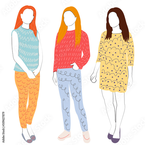 girls doodle sketch, outline, isolated, vector
