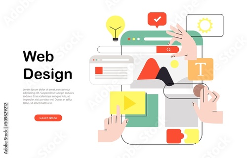 Web designers team prototyping new website, landing page or mobile application. Teamwork concept vector illustration for banner, ads, landing page
