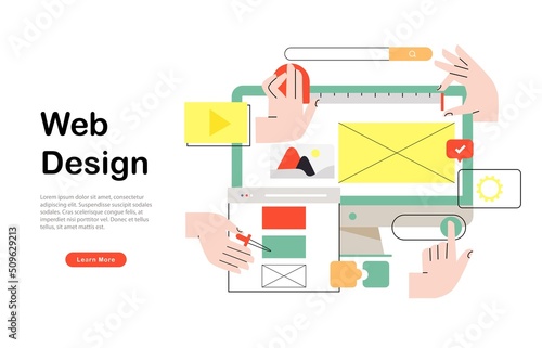 Web designers team prototyping new website, landing page or mobile application. Teamwork concept vector illustration for banner, ads, landing page