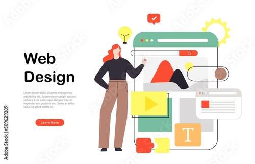 Web page design template for designing and programming vector illustration. Woman working on mobile application, coding and prototyping web page. Web landing page design