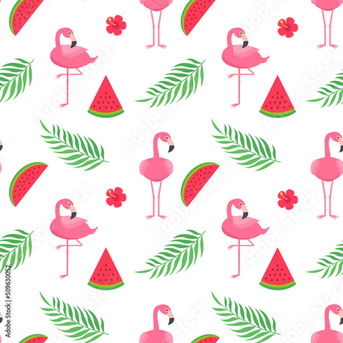 Pink flamingo bird pattern with tropical leaves and watermelons on a white background.