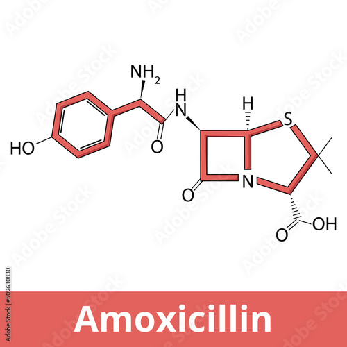 Chemical structure of amoxicillin. Amoxicillin is an antibiotic used to treat a number of bacterial infections. These include strep throat, pneumonia, skin infections, and urinary tract infections.