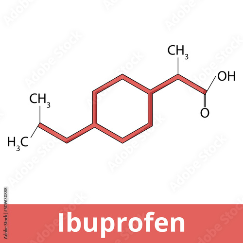 Chemical structure of ibuprofen. Ibuprofen is a medication in the nonsteroidal anti-inflammatory drug class that is used for treating pain, fever, and inflammation.