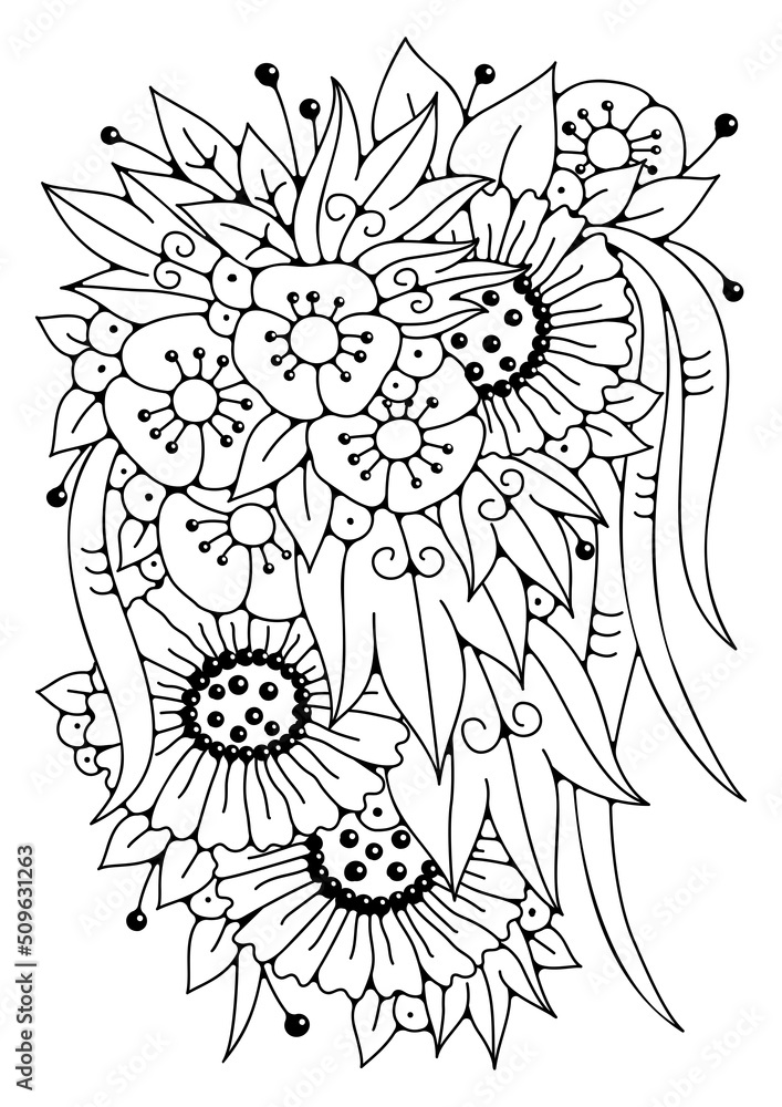 Coloring page. Black and white flowers for coloring. Vector art line ...