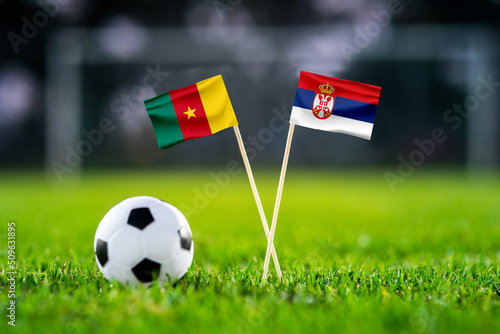 Cameroon vs. Serbia, Al Janoub, Football match wallpaper, Handmade national flags and soccer ball on green grass. Football stadium in background. Black edit space.