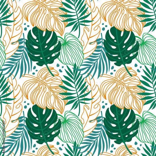 Exotic leaves. Tropical illustration. Summer print. Seamless pattern for fabric, wrapping, textile, wallpaper, clothes. Vector.