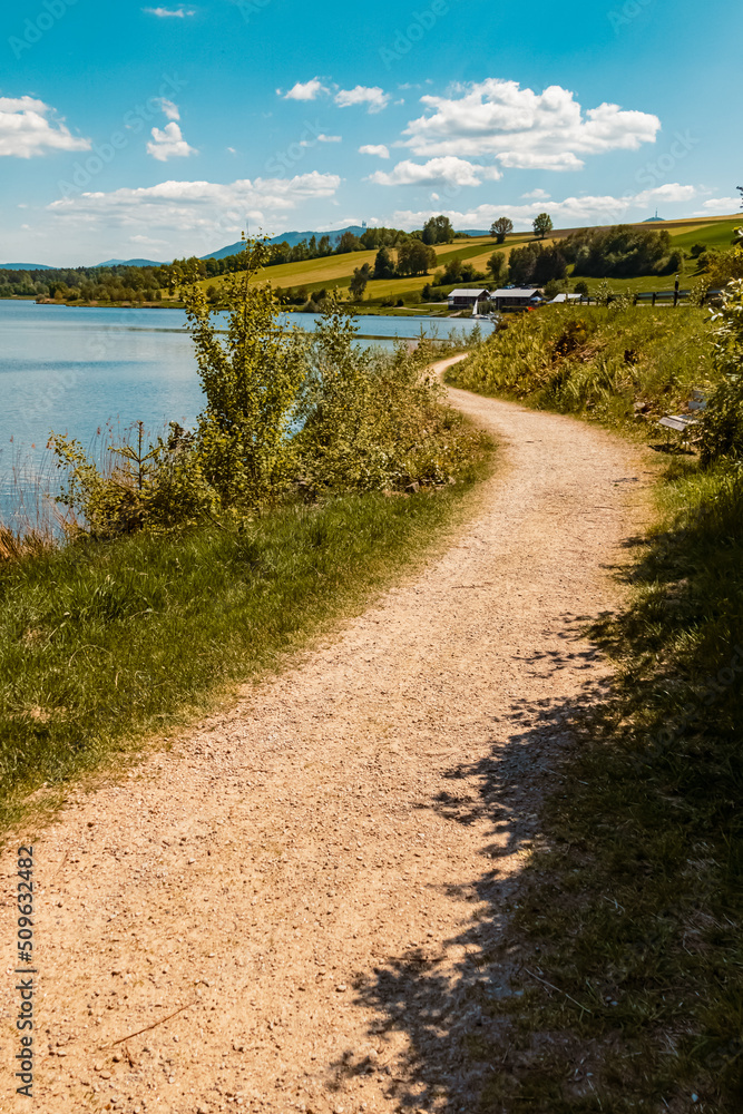 Fototapeta premium Beautiful summer view with reflections at the famous Drachensee lake, Furth im Wald, Bavarian forest, Bavaria, Germany
