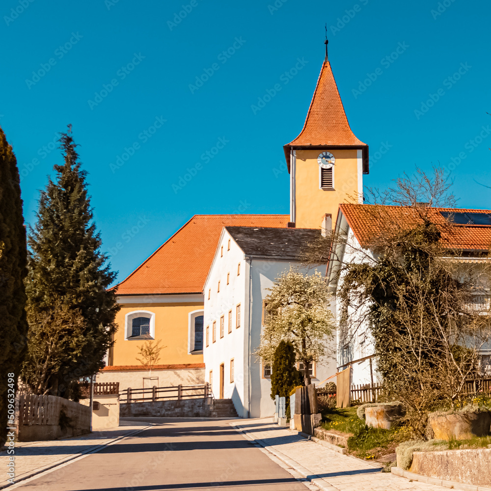 Beautiful church on a sunny summer day at Doerndorf, Denkendorf, Bavaria, Germany