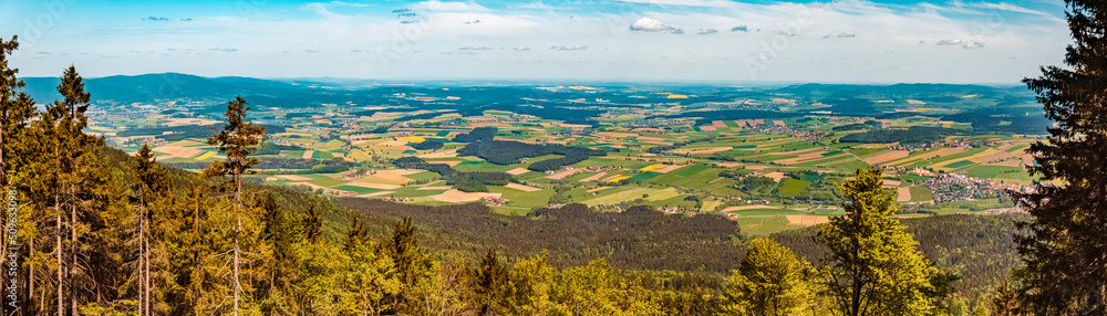 High resolution stitched panorama at the famous Hohenbogen summit, Bavarian forest, Bavaria, Germany