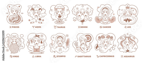 Gold zodiac signs women constellations vector set