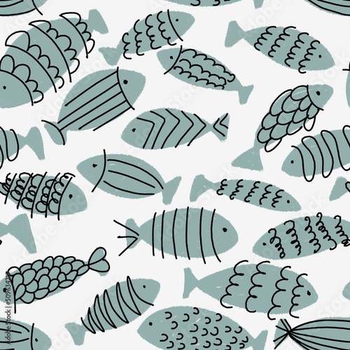 Seamless pattern of hand drawn fishes on white background.