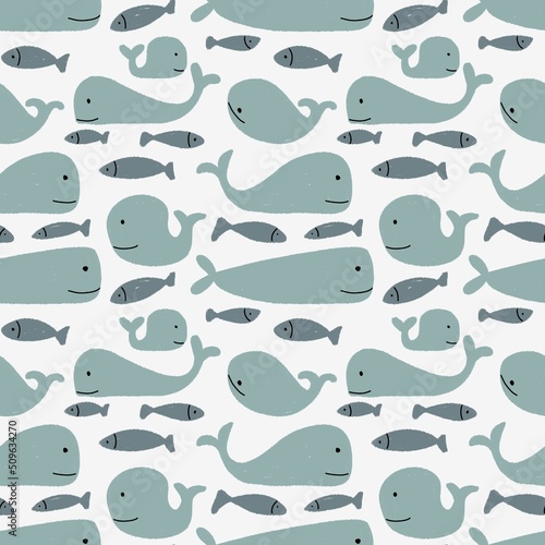 Seamless pattern of hand drawn fishes and whale on white background.