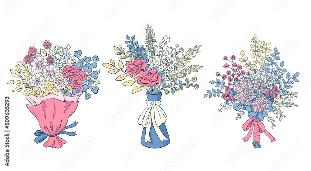 花束のイラスト. 花束, 花瓶の花, ドリフラワーの手描き. 装飾用の挿絵. 線画とカラー.