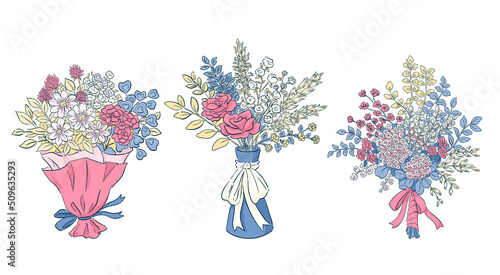 Obraz na płótnie 花束のイラスト. 花束, 花瓶の花, ドリフラワーの手描き. 装飾用の挿絵. 線画とカラー. w salonie
