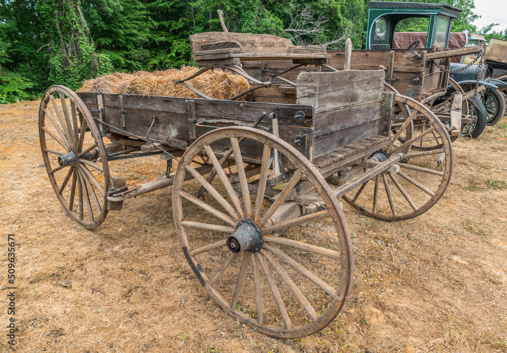 Horse-drawn wooden wagon