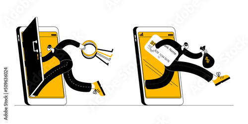 A hacker takes out credit card details and a bag of money from a hacked smartphone. Vector illustration on the topic of cybercrime and cybersecurity.