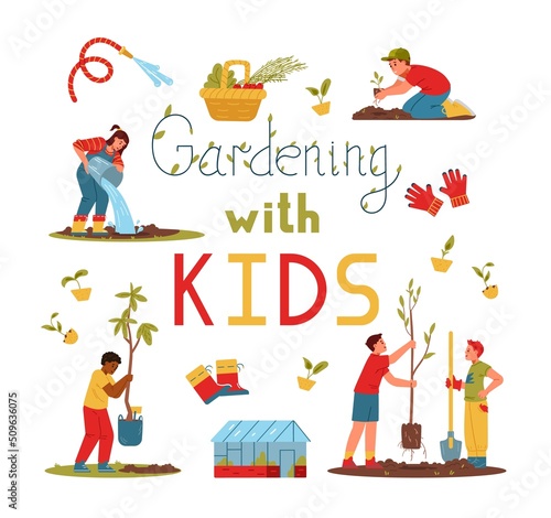 Gardening with kids vector banner. Children planting trees, watering, digging, bringing seedlings.