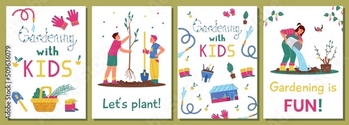 Gardening with kids set of vector cards. Illustrations of children planting trees, watering, gardening equipment.
