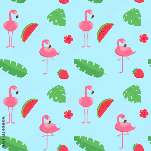 Pink flamingos bird pattern with tropical leaves, strawberries, and watermelons on a blue background.
