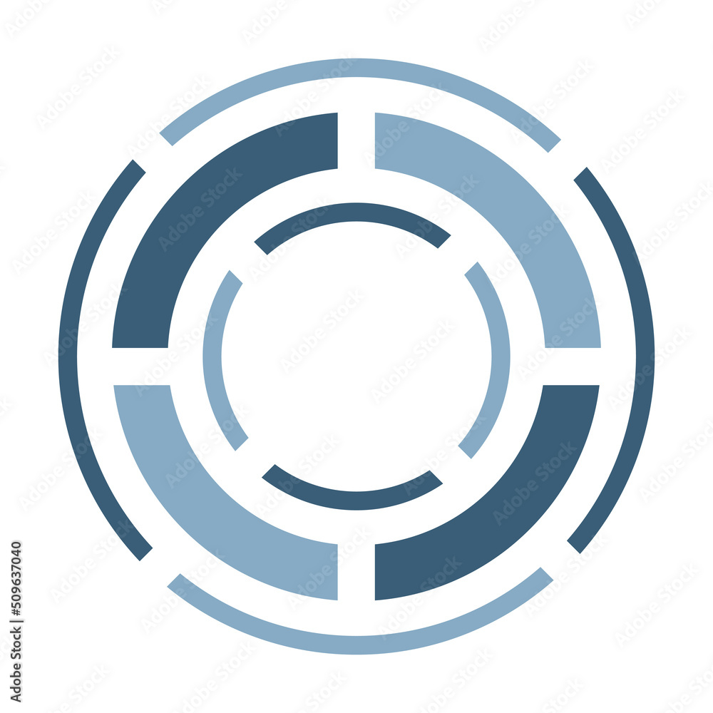 3 circles cut into parts, one thin and wide ring inside another, criss-cross aim icon. Shades of blue, flat design on white background. 3 circles cut into parts, one thin and wide ring inside another, criss-cross aim icon. Shades of blue, flat design on white background.