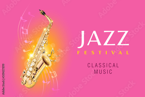 Jazz festival on pink background with shiny golden saxophone