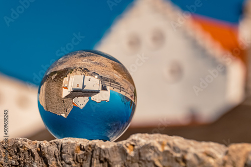 Crystal ball landscape shot near Riedenburg, Bavaria, Germany photo