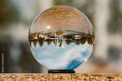 Crystal ball landscape shot with a water fountain at the famous Therme Bad Griesbach, Bavaria, Germany