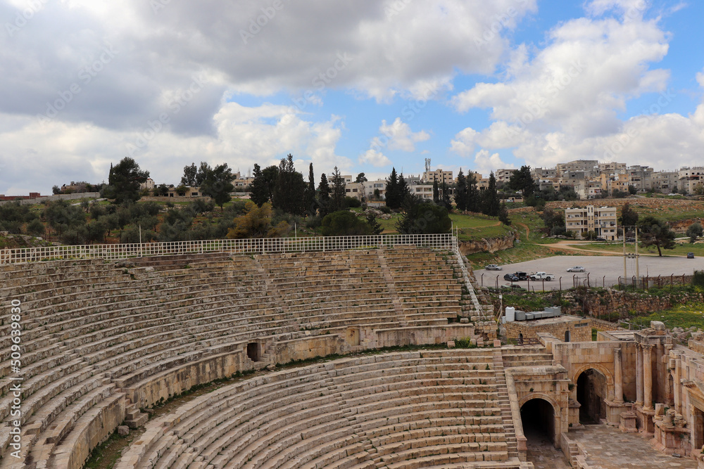  Jerash, Jordan - amphitheater in historical Jerash city (Grassa) Roman and Greek city