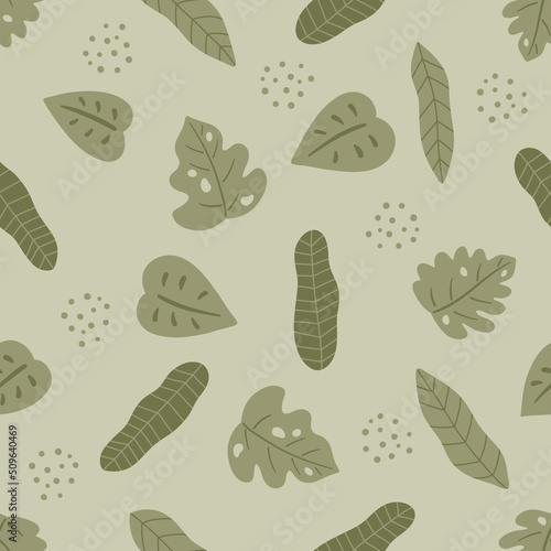 Nature seamless pattern with palm trees. Hand drawn doodle plants. Pastel green color background. Vector illustration.
