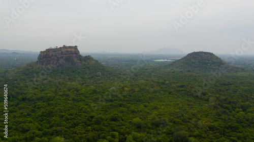Sigiriya Rock and Pidurangala rock near Dambulla in Sri Lanka. Green rainforest and jungle.