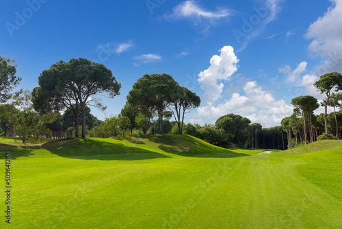 Golf course panorama with beautiful sky. Landscape view of golf course in Turkey Belek