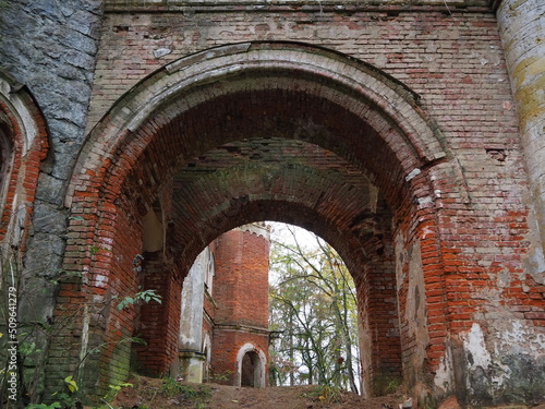 The ruins of the old brick estate of the Wrangel barons in the village of Torosovo. Volosovsky district, Leningrad region, Russia.