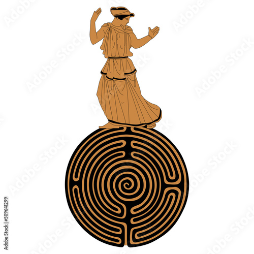 Ancient Greek girl standing on top of a round spiral maze or labyrinth symbol. Ariadne. Creative mythological concept. photo