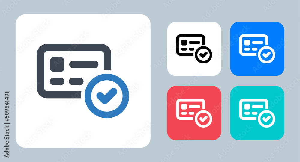 Approve Card icon - vector illustration . Approved, Card, Credit, Debit, Check, Ok, Pay, Payment, Accepted, Confirm, line, outline, flat, icons . Approve Card icon - vector illustration . Approved, Card, Credit, Debit, Check, Ok, Pay, Payment, Accepted, Confirm, line, outline, flat, icons .