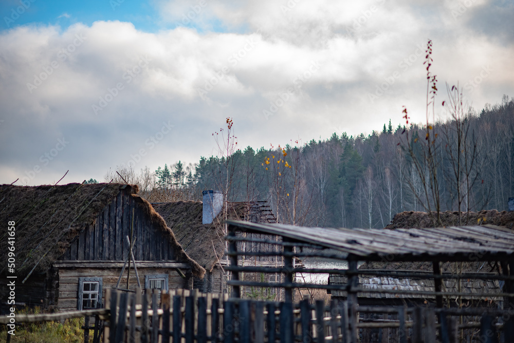 Obraz premium Abandoned old village on the lake. Close-up, artistic noise.
