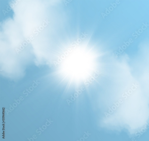 Realistic gold sun in PNG transparent vector cloud. Vector star gold star on a transparent dark background. Summer blue sky background with clouds and bright sun light. 
