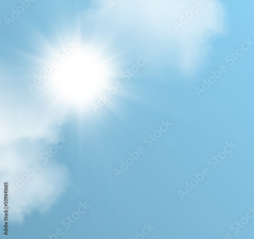 Realistic gold sun in PNG transparent vector cloud. Vector star gold star on a transparent dark background. Summer blue sky background with clouds and bright sun light. 