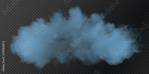Vector isolated smoke PNG. Blue smoke texture on a transparent black background. Special effect of steam, smoke, fog, clouds.	