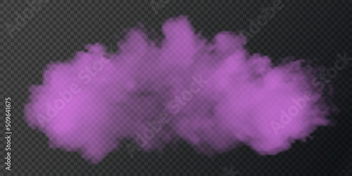 Vector isolated smoke PNG. Pink smoke texture on a transparent black background. Special effect of steam, smoke, fog, clouds.