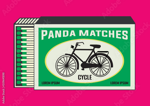 Cycle vector icon. illustration in Matchbox and matches vector illustration. Vintage and antique matchbox packaging design illustration. retro style packaging. old style design. open box and template.