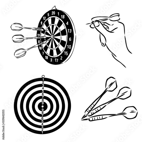 Dart board with arrow in the centre. Goal achieving concept. Sketch icon on white background. Vector illustration.