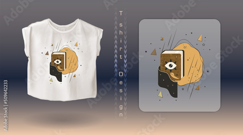 Vector mockup of white female t-shirt with abstract graphic print of spell book with eye, magic witchcraft elements. Retro vintage art for casual style clothes, trendy boho cotton shirt, modern merch