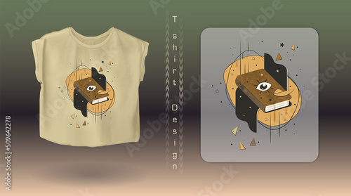 Vector mockup of olive female t-shirt with abstract graphic print of spell book with eye, magic witchcraft elements. Retro vintage art for casual style clothes, trendy boho cotton shirt, modern merch