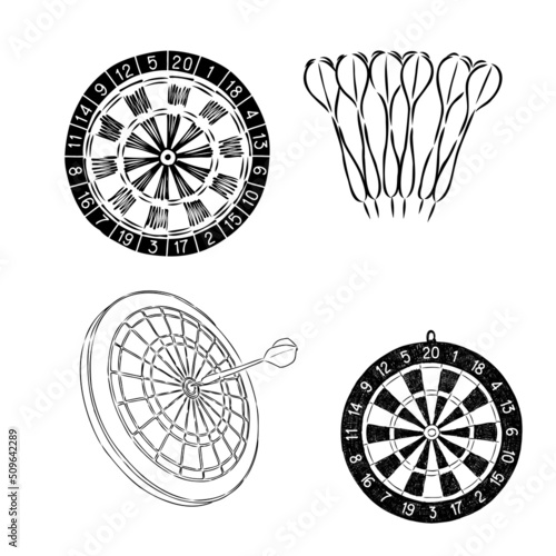 Dart board with arrow in the centre. Goal achieving concept. Sketch icon on white background. Vector illustration.