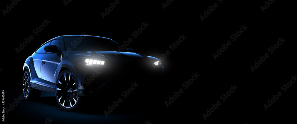Front view of a beautiful generic and unbranded car on a dark background. 3D illustration Front view of a beautiful generic and unbranded car on a dark background. 3D illustration